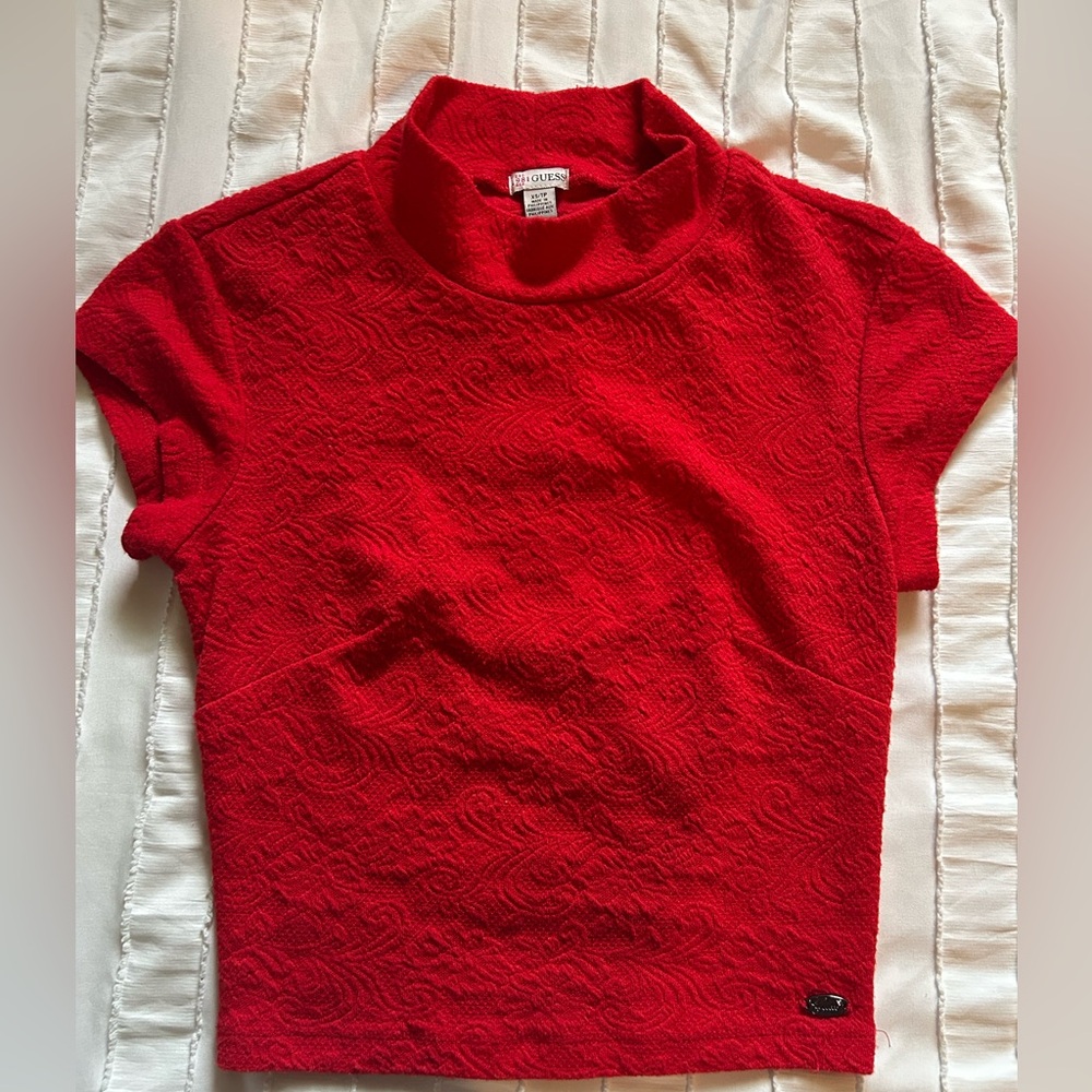 Guess red textured short sleeve mock neck with open back